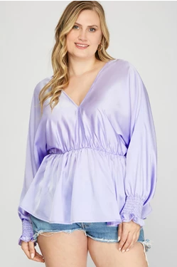 Long Sleeve Satin Top with Waist - Plus