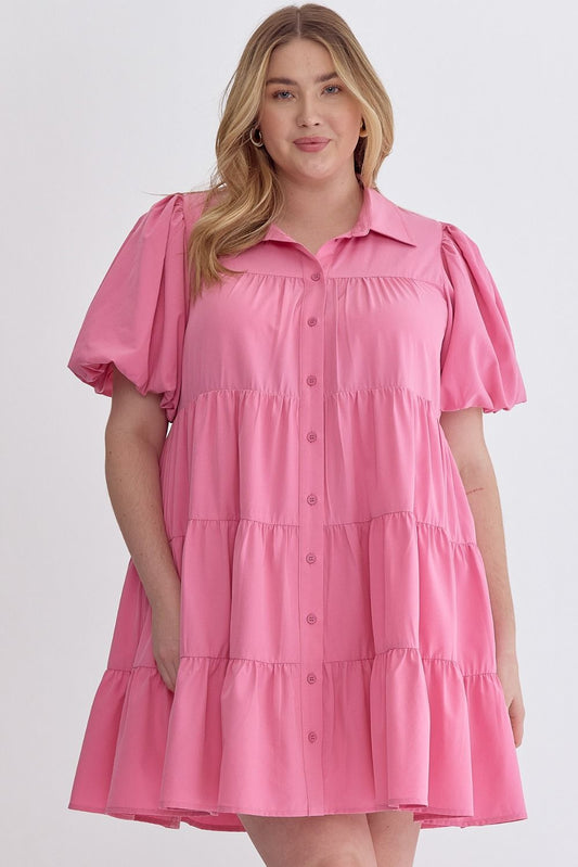 Pink Three Tiered Mini Dress with Puff Sleeves - Plus