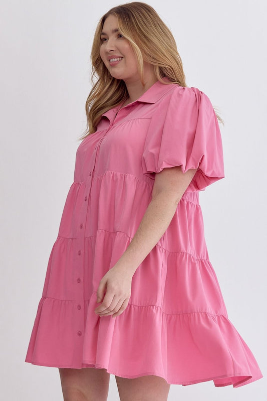 Pink Three Tiered Mini Dress with Puff Sleeves - Plus