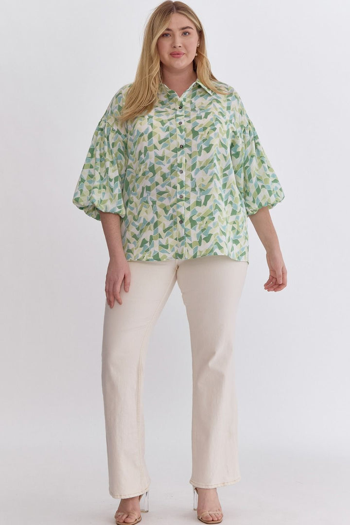 Printed Collared Button Up with Puff Sleeve - Plus