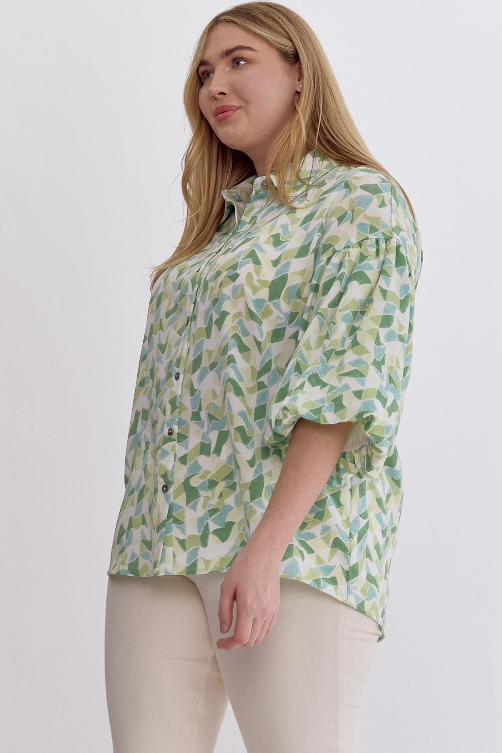 Printed Collared Button Up with Puff Sleeve - Plus