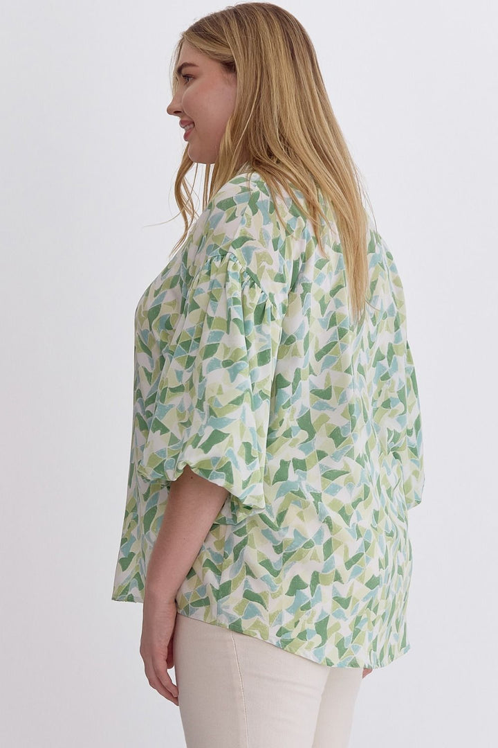 Printed Collared Button Up with Puff Sleeve - Plus