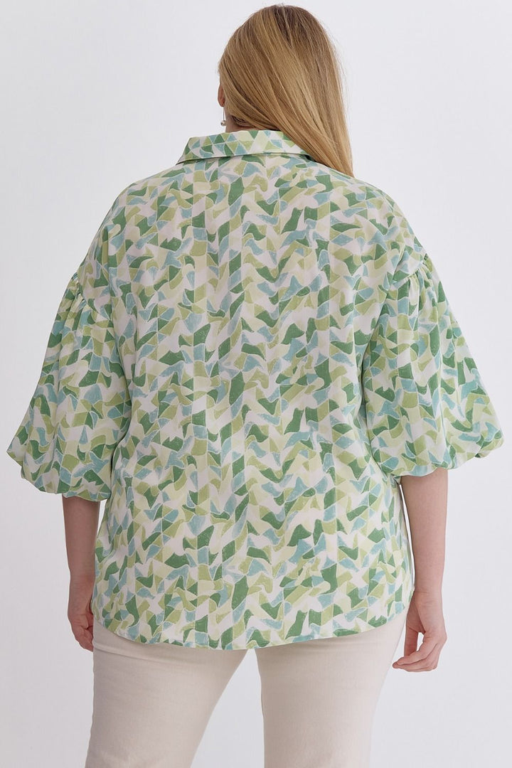 Printed Collared Button Up with Puff Sleeve - Plus