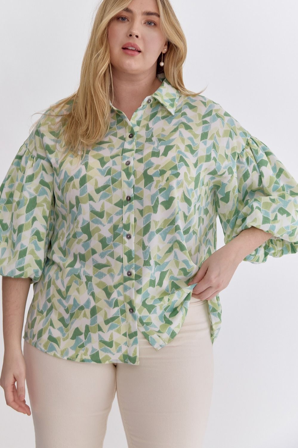 Printed Collared Button Up with Puff Sleeve - Plus