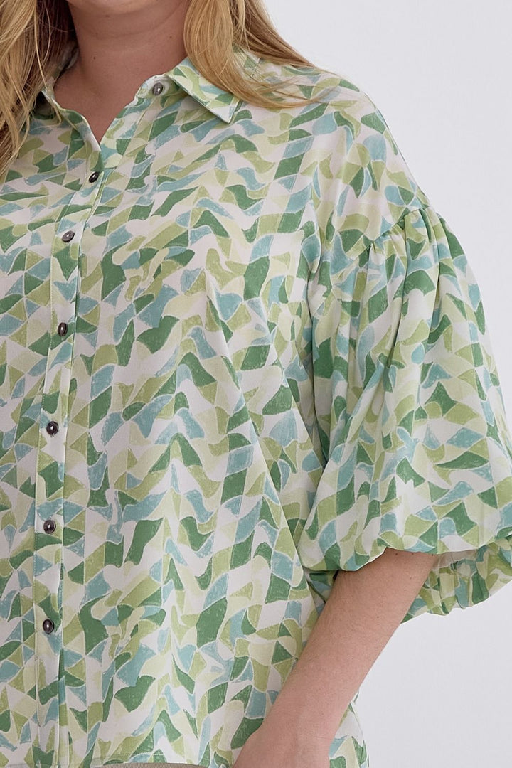 Printed Collared Button Up with Puff Sleeve - Plus