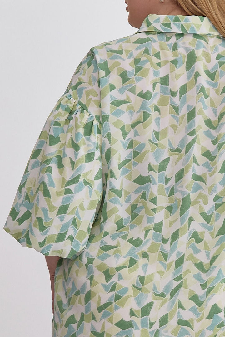 Printed Collared Button Up with Puff Sleeve - Plus